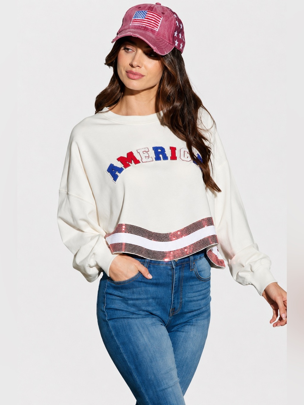 THE AMERICANA CREW LONG SLEEVE SEQUIN CROP PULLOVER SWEATER
White - Picture 8 of 12